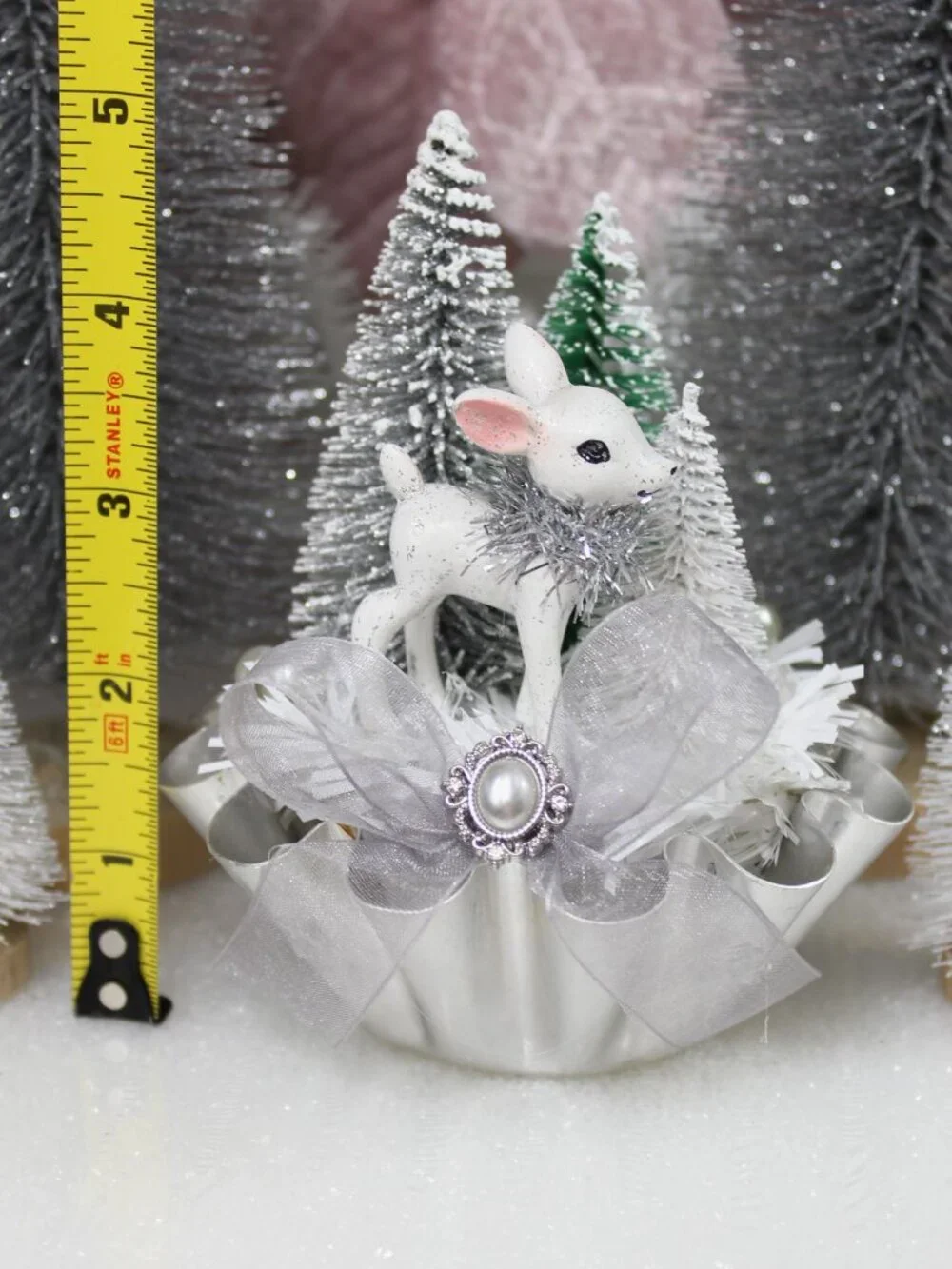 Silver Christmas Assemblage: Retro White Deer Bottle Brush Trees Vintage Tin
